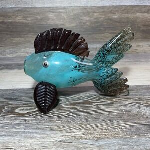 Hand Blown Art Glass Fish Figurine Sculpture Blue & Brown Nautical Decor Ocean